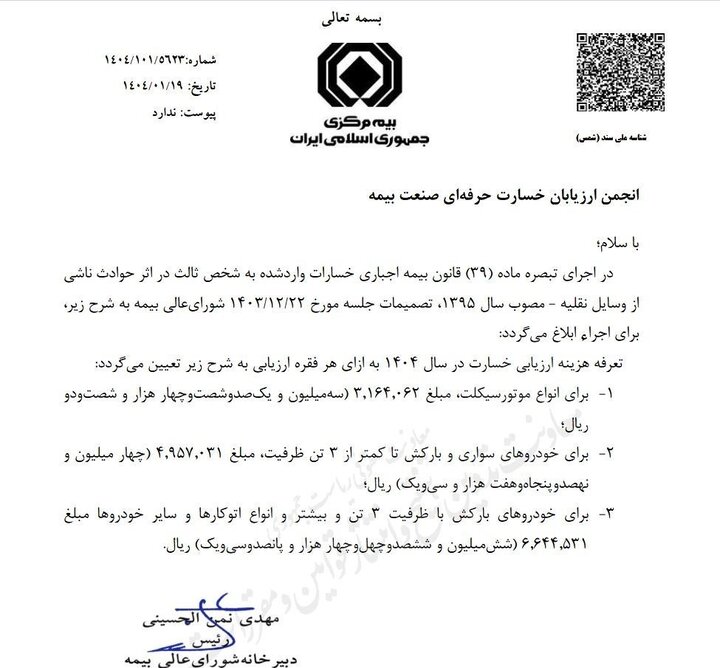 وسایل نقلیه تعرفه ارزیابی خسارت وسایل نقلیه در سال ۱۴۰۴ ابلاغ شد